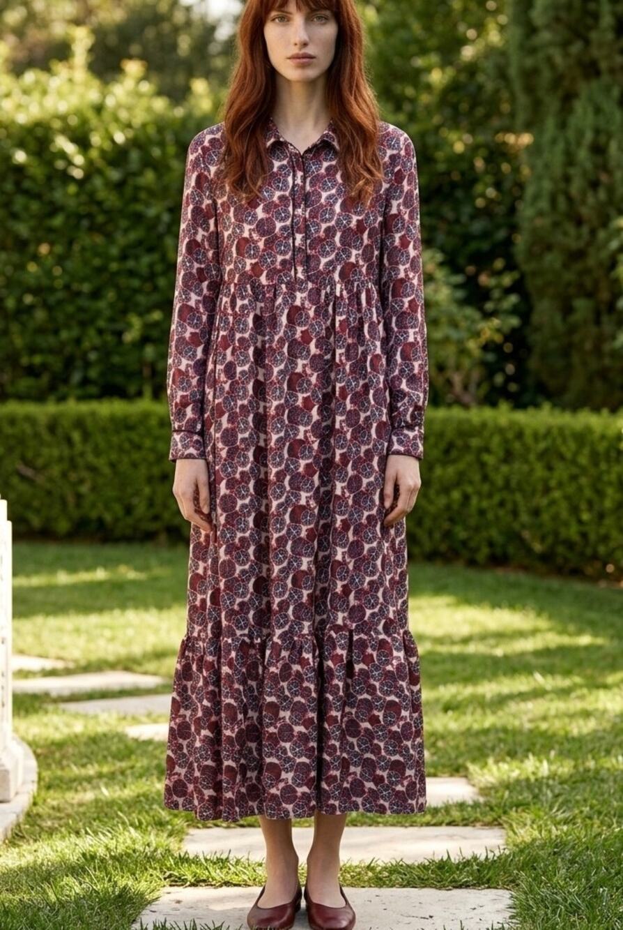 Silky Empire Fruit Print Maxi Dress Sz S Whimsigoth Romantic Boho Tiered Ruffle